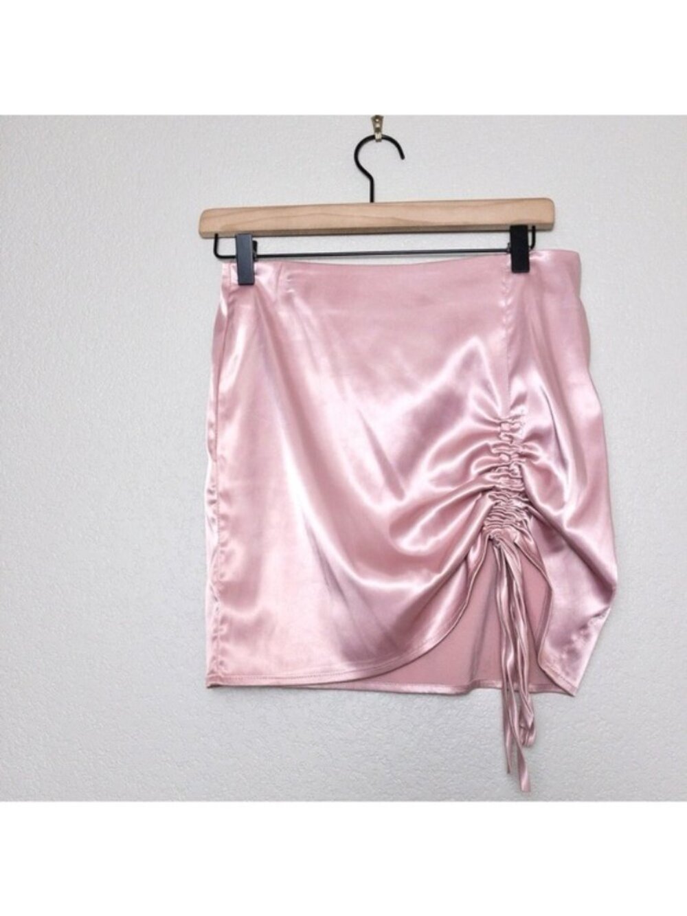 Y2K Toska Pink Satin Mini Skirt S Blush Pink Ruched Front Side Tie Vintage